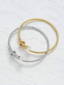 1pc Elegant Casual Faux Pearl Decor Stainless Steel Bangle Easily Matched Cuff Bracelet Classic Golden Or Silvery Jewelry Accessories For Women For Daily Wear