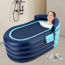 Rectangular Inflatable Bathtub, 33.07x55.11x29.13in, Blue PVC Material, 4 Chambers, 220lbs Load-Bearing Capacity, With Shower Cover And Wireless Inflation, For Adults - 1 - View 2
