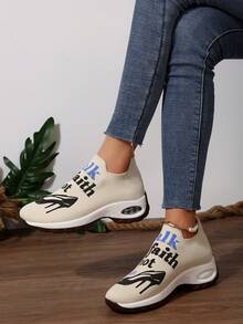 Women's Breathable Mesh Printed Casual Shoes, Comfortable Spring And Summer Mesh Walking Shoes - Khaki - View 3