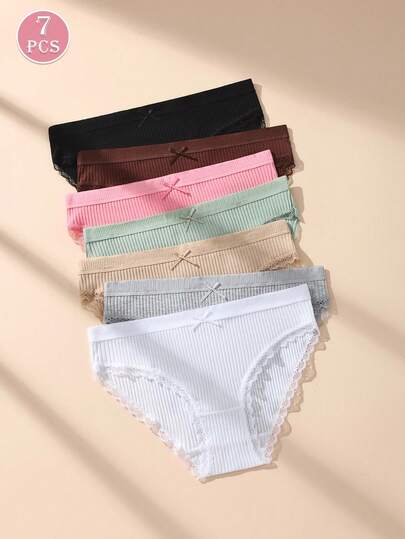 7pcs/Pack Women's Multicolor Ribbed Lace Patchwork Panties With Cute Bow Decor, Soft Cotton Briefs