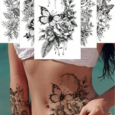 5 件黑色花卉素描临时纹身贴纸，性感描花卉链条和蝴蝶图案，防水、防汗、防刮，适合女性佩戴在腹部、大腿、锁骨、背部，适合派对、活动和日常使用