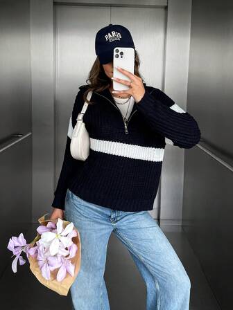 Autumn And Winter Urban Casual Women's Autumn And Winter Elegant Sweater Autumn And Winter Women's Navy Blue Colorblock Stripe Pattern Top Autumn And Winter Fashion Comfortable Casual Versatile Simple Home Commuter Design Zipper Decoration High Neck Long Sleeve Knit Pullover Women Knit Top Sweater