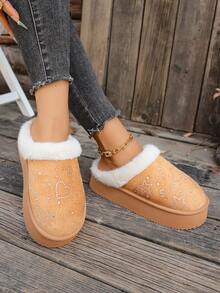 Botas cortas de mujer de unicolor con forro de peluche y falso pelo, botas de nieve para el hogar en invierno