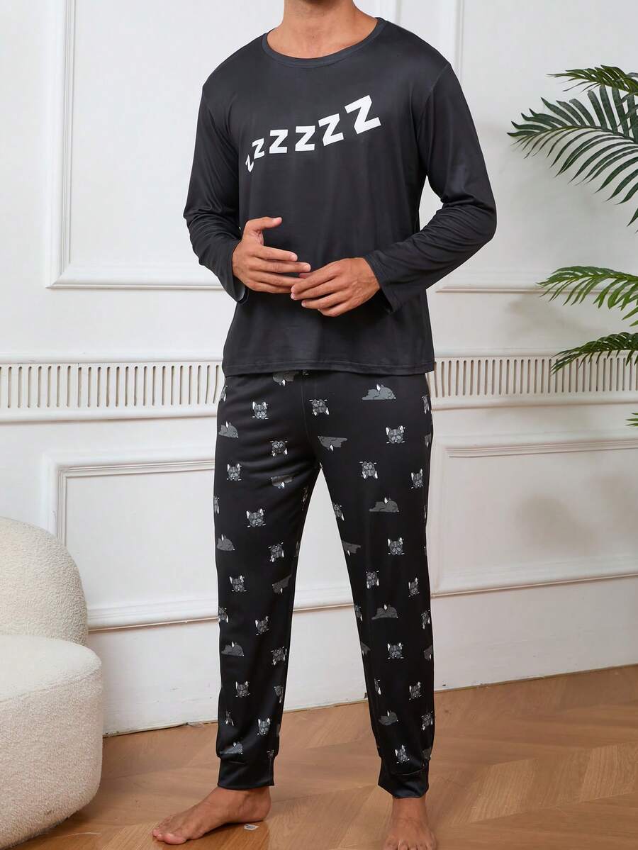 Herren Hausanzug, Rundhals Langarmoberteil & lange Hose, zufälliges Muster, lässiger Pyjama-Set, Herbst-Winter-Kleidung