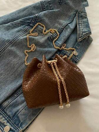 Fashionable Solid Color Chain Bucket Bag Mini Crossbody Bag Woven Texture PU Material Highly Attractively Women Shoulder Bag Suitable For Outing, Shopping, Work Commute
