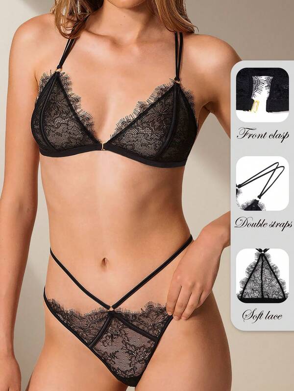 Sexy Backless Bras 2 Piece Sets Bridal Lingerie Vacation Outfits Women Eyelash Lace Lingerie Set Beautiful Back Bralette Wireless Bra Woman Front-Close Bra With Thongs