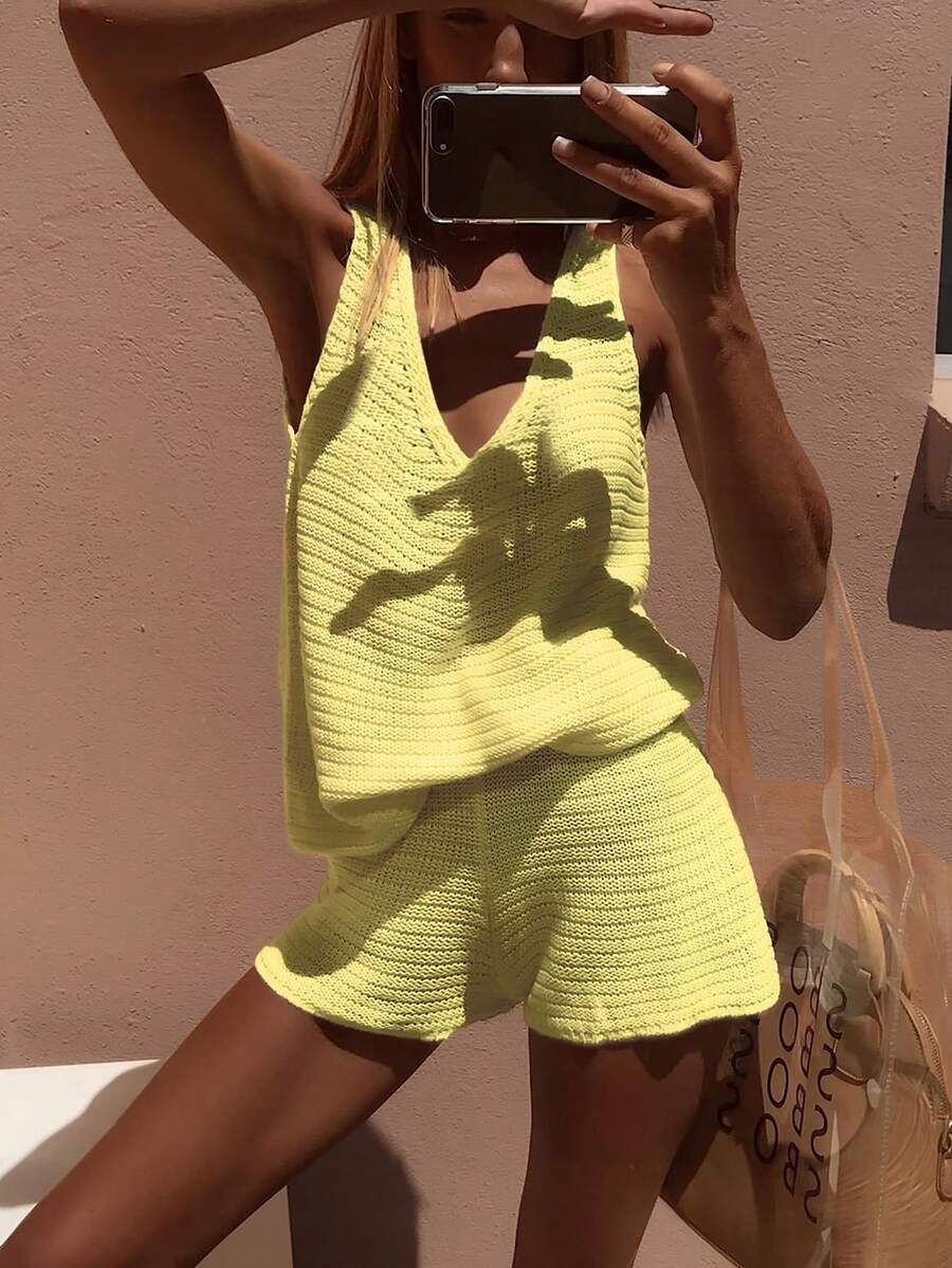 Women's Knit Sexy Top And Shorts Set, Suitable For Daily Wear, Vacation, And Sexy Style - Yellow - View 1