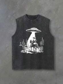 230G Washed Vintage Grey Sleeveless T - Shirt, Western Cowboy UFO Print, Outdoor Sports Vest, Loose Fit, Soft Knit - 黑色 - 查看 1