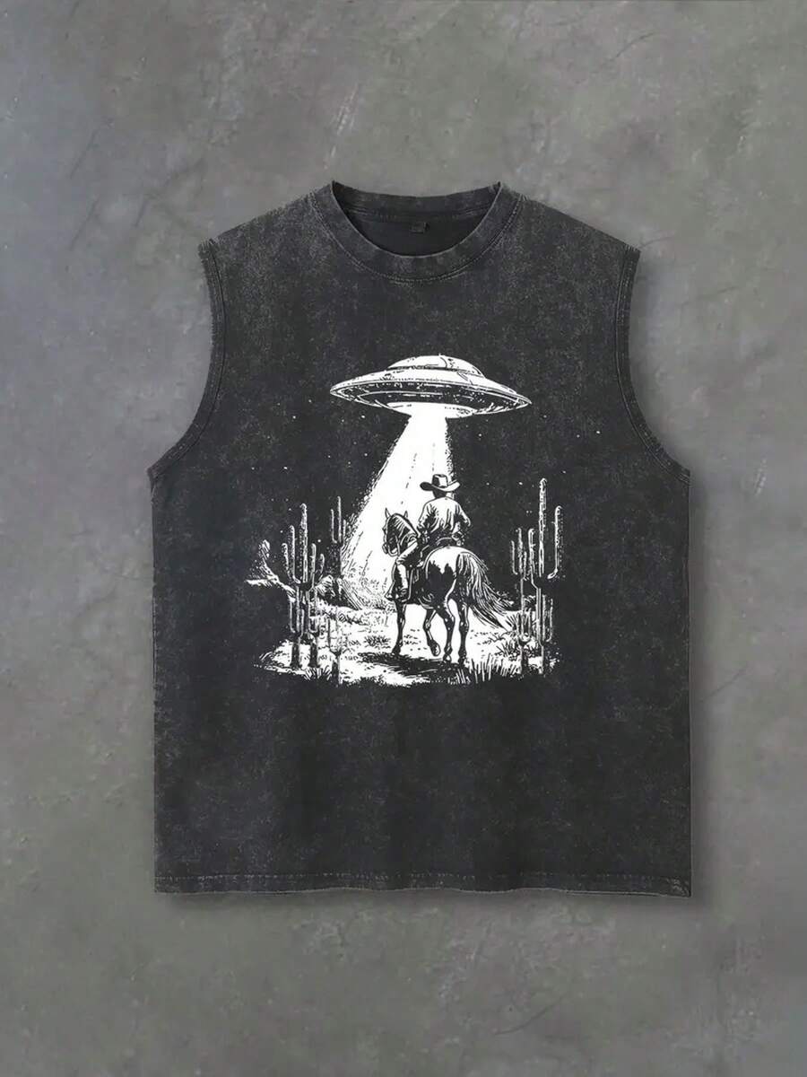 230G Washed Vintage Grey Sleeveless T - Shirt, Western Cowboy UFO Print, Outdoor Sports Vest, Loose Fit, Soft Knit - 黑色 - 查看 1