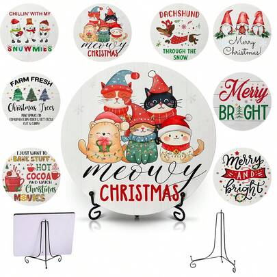 1set Merry Christmas Decorations For Home Bedroom, Cute Christmas Elements Such As Christmas Trees, Christmas Snowmen, And Santa Claus, 8.66 Inch Round Wooden Decor(Single-Sided Printing) With Iron Stand For Desk Table Shelf Display