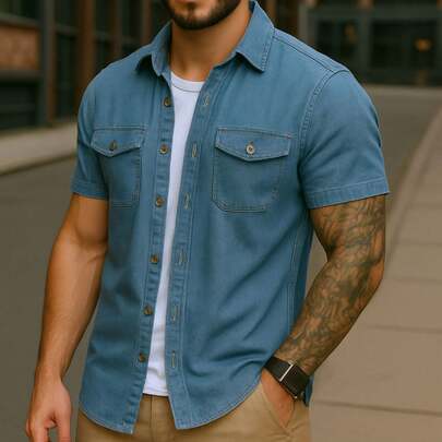 Camisa Jeans Masculina Social Casual Com Botões Slim