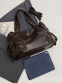 大容量纯色女士单肩包，时尚女士手提包，空间宽敞，可个性化定制，适合日常使用、上学、外出、购物、送礼、旅行、通勤等场合。 - 咖啡 - 查看 12