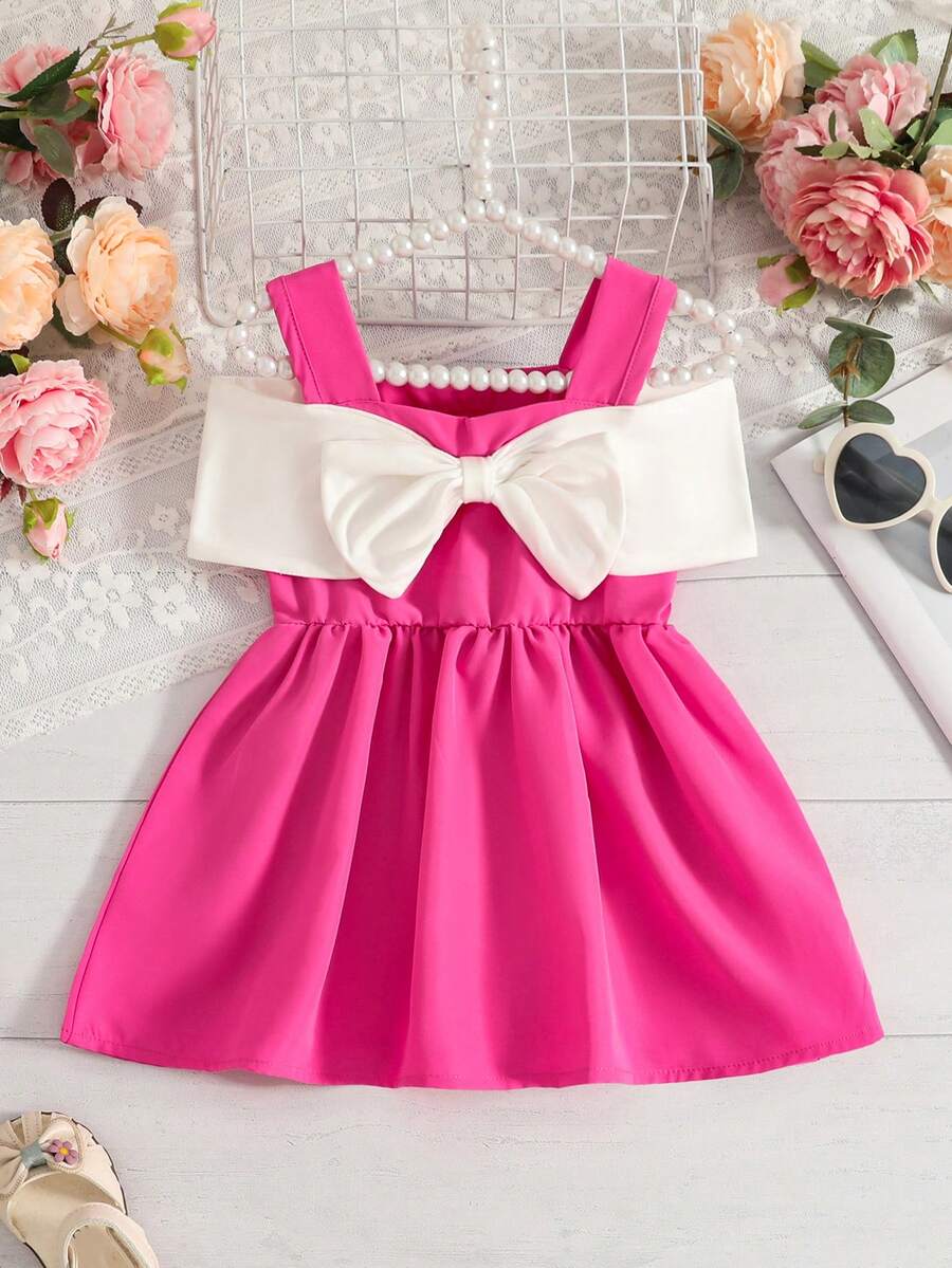 Baby Girls' Fashionable Color Block Suspender Dress, Cute Elegant Contrast Bow, Outdoor Sports Dress, Spring/Summer - Hot Pink - View 1
