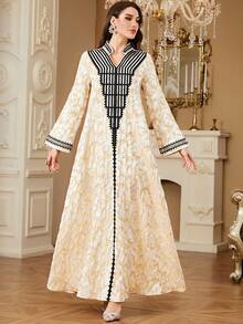 女士提花刺绣阿巴亚长袍，女士现代优雅奢华迪拜摩洛哥迪拜长袍，穆斯林阿巴亚连衣裙 - 杏色 - 查看 1