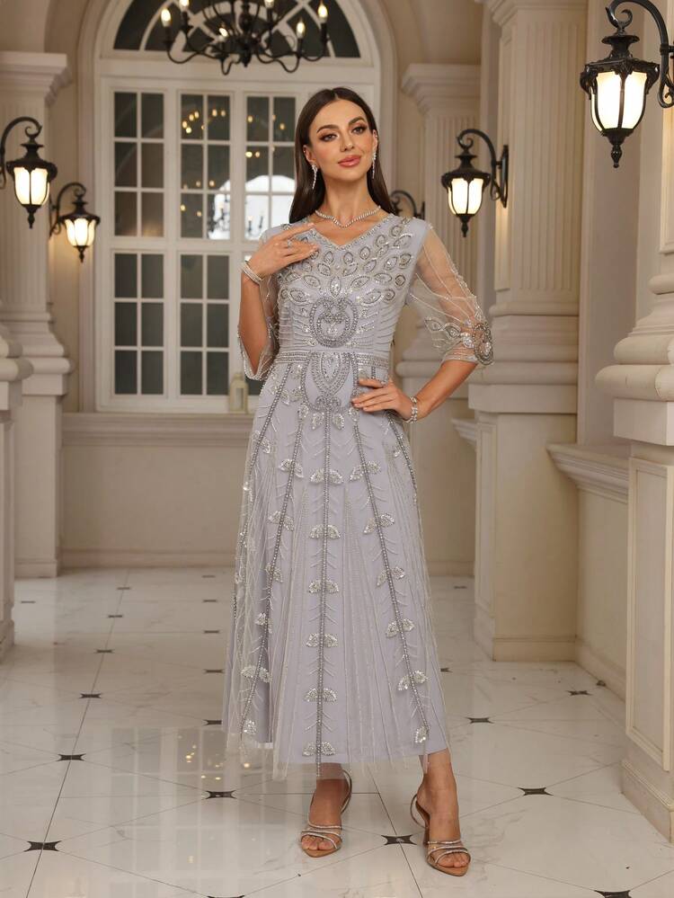 JINLICX スパンコール付きゴージャスなイブニングドレス、豪華なハーフ