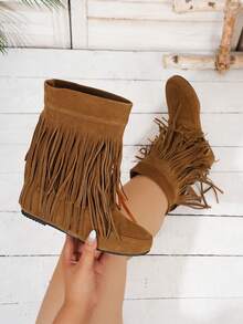 1双纯色学院风前卫波西米亚流苏踝靴，女士秋冬款，西部风格，牛仔靴 - 棕色 - 查看 4