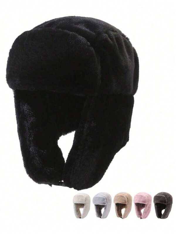 1pc/2pcs Solid Color Casual Fluffy Trapper Hat, Faux Rabbit Fur Ear Warmer Winter Hat For Women
