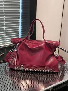 Fashionable New Women's Large Capacity Tote Bag, Minimalist Streetwear Style With Rivet Decor, Multiple Pockets, Zipper Closure, Tassel Pendant, Metal Zipper, Versatile For Travel, Shopping, Commuting