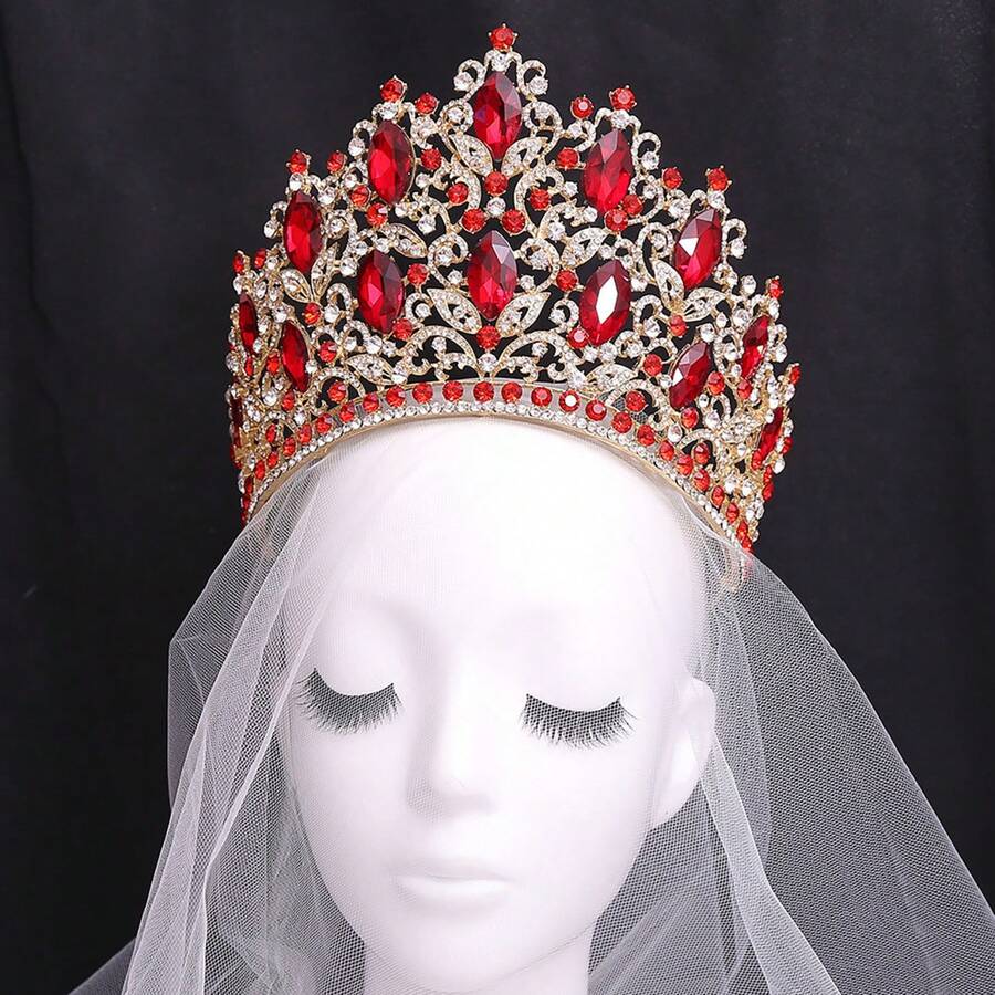 Wedding Tiara Crown Hair Comb Women Hair Accessories Colorful Rhinestone Tiara For Bride Bridesmaid Princess Costume - 紅色 - 查看 1