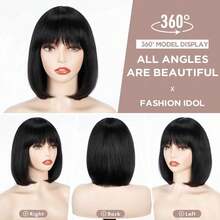 Straight Black Wig, Suitable For Sexy Short Square Ladies Wig, Straight Shoulder Length Bangs Wig With Hair Cap - màu đen - Xem 3