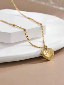 1 件简约字母心形扁平链条项链，不锈钢日常佩戴项链，适合女士 - 金黃色 - 查看 1