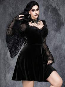 Ladies' Gothic Sexy And Elegant Halloween Ghost Bride Party Role Play Witch Costume, Lace Trim Velvet Dress - Black - View 4