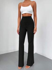 Women's Solid Black Casual Elegant High-Waisted Straight Leg Pants, Suitable For Daily Wear, Office Commute, Home, Dates, Small Parties, Light Social Occasions