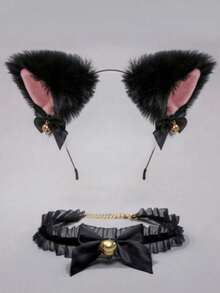 2 piezas Diadema de mujer sexy con orejas de peluche y malla, Collar con lazo y campana, Accesorios de disfraz para juego de roles, Regalo de Halloween, Fiesta