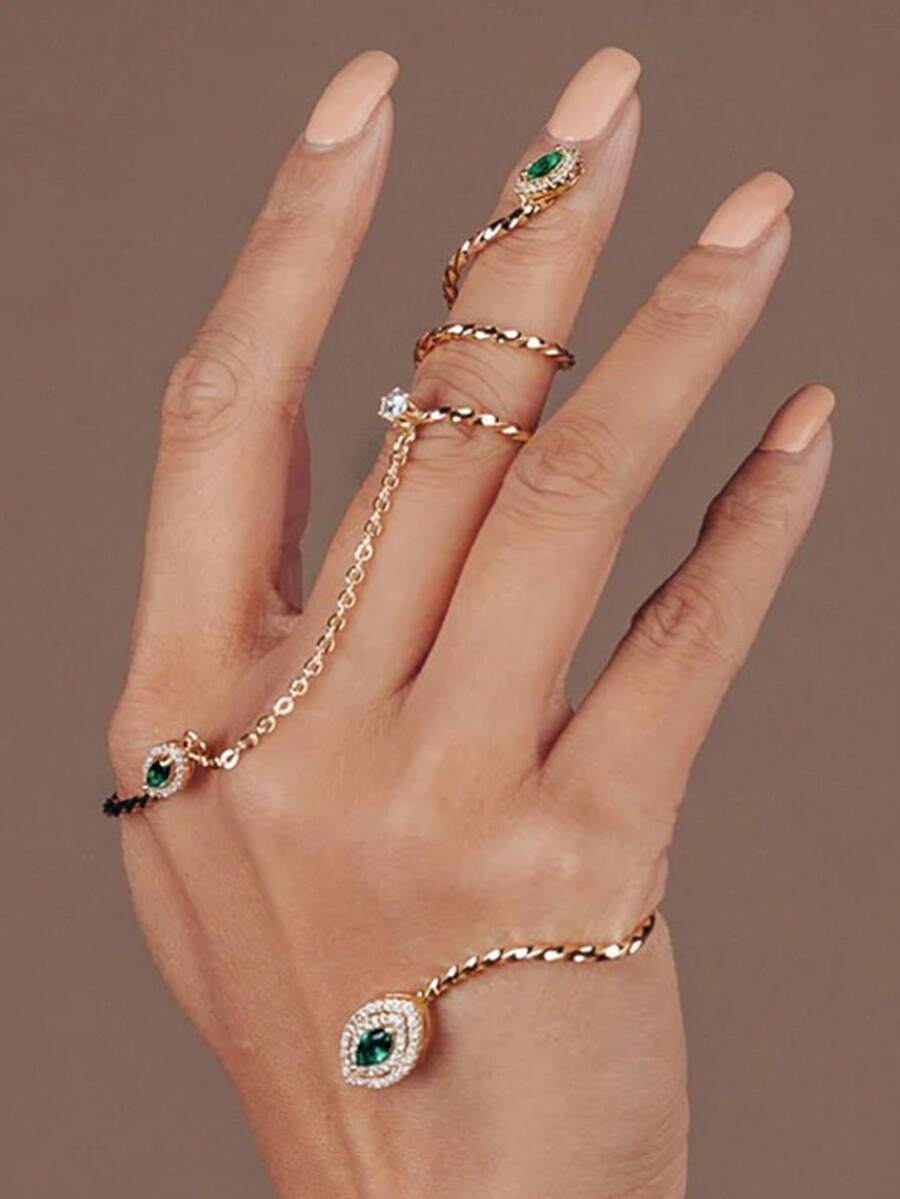 1pc Elegant Luxury Encrusted Zirconia Eye-Shaped Wrap Around Finger Ring Bracelet For Women, Suitable For Evening Gala, Party, Daily Outfit Accessory, Back To School, Halloween Jewelry Gift - D4252 - 查看 1