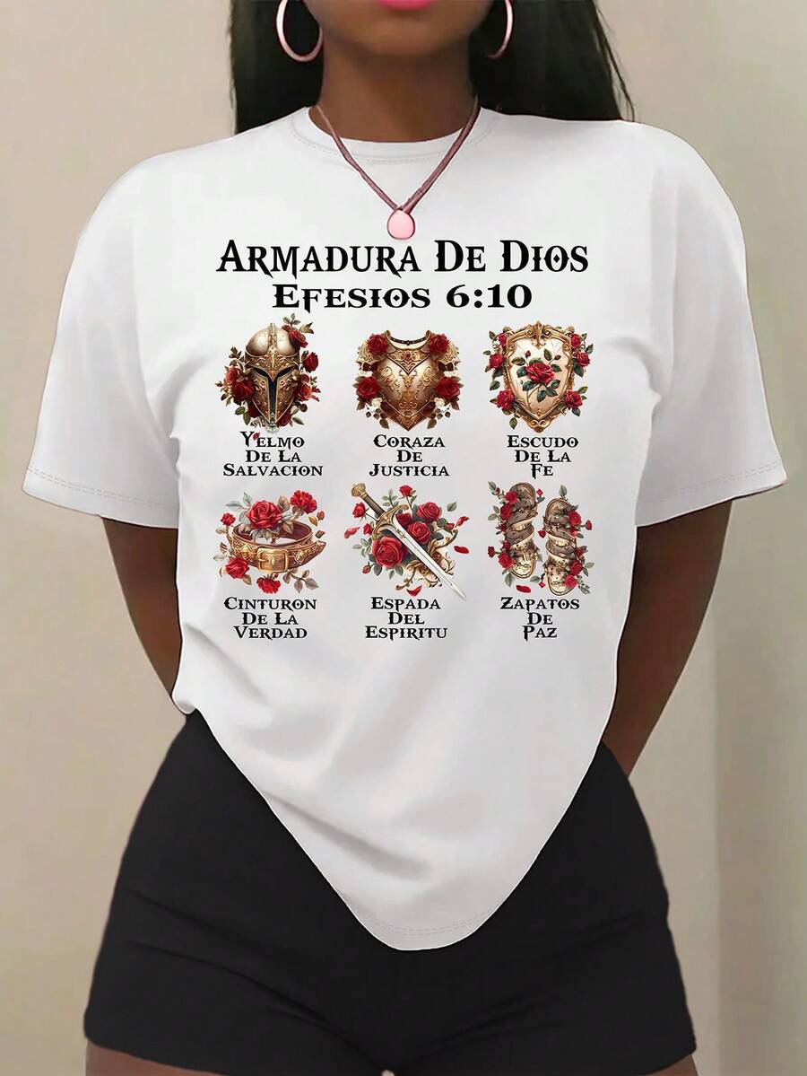 Women's Casual Short Sleeve T-Shirt - White Religious Spanish Scripture & Armor Motif Print, Stretchy Round Neck Spring Summer Top, Machine Washable Faith-Inspired Design, Spring Summer Apparel, Faithbased Clothing, Comfortable Fit Shirt, Medium Elasticity Fabric