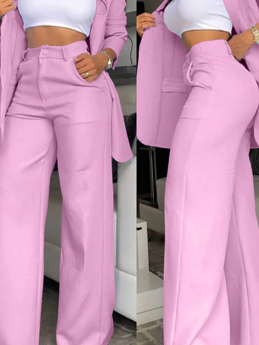 Elegant Business Casual Two-Piece Suit, Single Button Lapel Suit Jacket And Slim Fit Pants, Women's Clothing - 粉紅色 - 查看 1