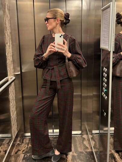 2025 Christmas New Women's Vintage Elegant Plaid Tie-Up Round Neck Long Sleeve Top And Pants Thin 2-Piece Set