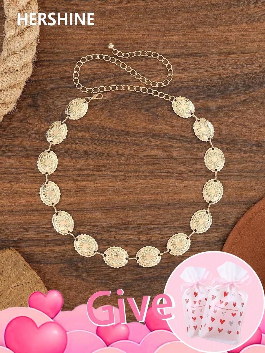 1件复古波西米亚风别致金色花卉图案链条腰带，百搭配饰，可搭配连衣裙、半身裙、套装，适合日常穿着、派对、度假、晚宴、节日等场合。