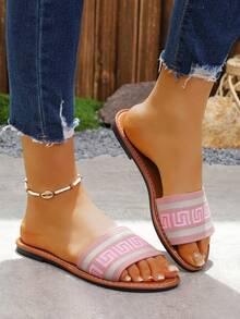 女士几何图案休闲沙滩家居平底拖鞋 - 粉色 - 查看 2