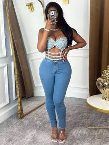 Fall Winter Stretch High Waist Skinny Jeans Women,Casual Slim Fit Denim Pants, Suitable Daily, Home, Office - 中等水洗藍 - 查看 2