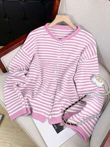 Áo khoác cardigan dệt kim kẻ sọc dáng rộng phong cách đường phố thu đông mới của Vivid Style dành cho nữ, thích hợp cho dạo phố, sân bay, Giáng sinh, Năm mới, màu hồng. - Hồng - Xem 3