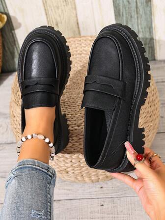 Women's Preppy Style Lace-Up Round Toe Loafers, Thick Sole Slip-On Flats For Spring & Autumn