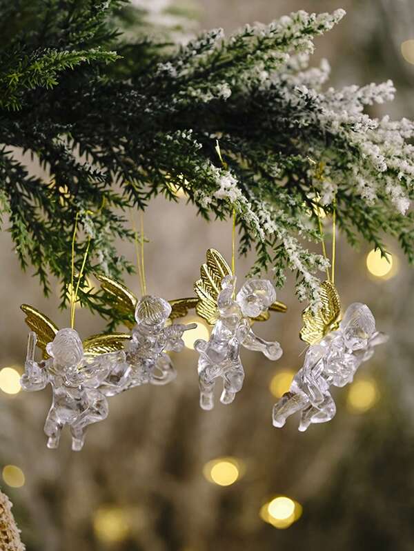 4 piezas Decoraciones navideñas Adornos colgantes de ángel transparentes, Nuevo estilo creativo Pequeño colgante de ángel Decoración del árbol de Navidad Decoración del hogar Decoración de la habitación Invierno