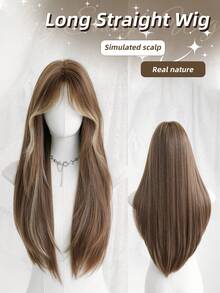 女士长直棕色挑染金色假发 26 英寸合成直发假发带刘海，自然外观，非常柔软合成耐热纤维假发配件，全机漂亮假发，适合女孩音乐节派对街头装、返校季、角色扮演动漫或服装使用