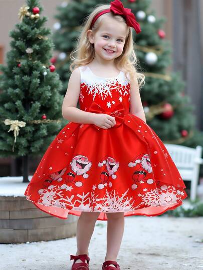 女童缎面圣诞老人图案节日连衣裙，适合节日派对，面料图案随机裁剪，不含头饰