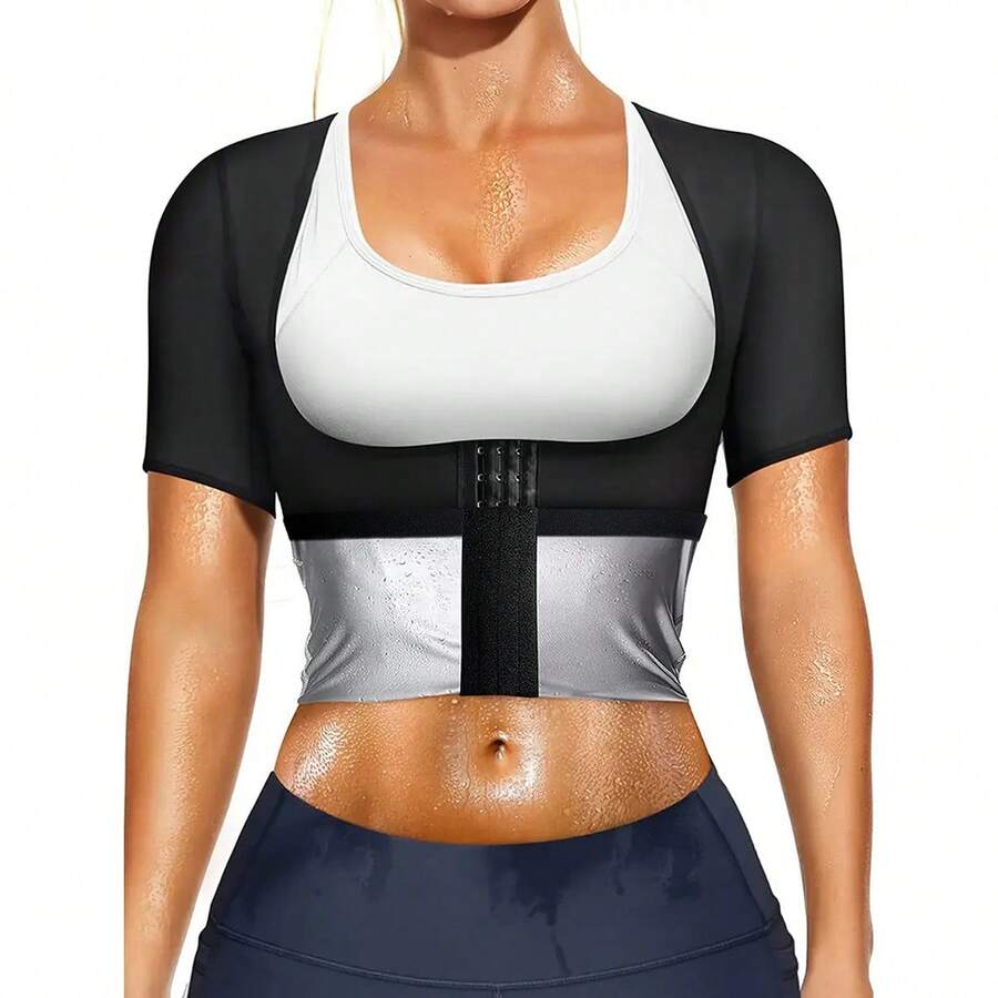 "Women's Zipper Sauna Sweat Short Sleeve Top - Heat-Trapping PU Fabric For Intense Sweating, Slimming Workout Shirt For Gym & Fitness" - 黑銀 - 查看 1