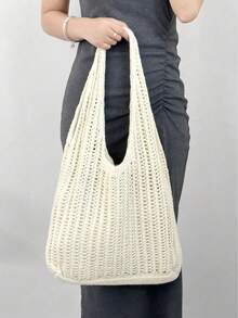 Yogodlns 时尚钩编包，女士夏季沙滩手提包，时尚手提包，波西米亚风钩编单肩包，镂空钩编单肩包，腋下包，大容量钩编包，购物手提包，休闲沙滩包，通勤包，波西米亚风女装 - 白色 - 查看 4