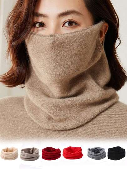 1件装女士100%纯羊毛菱形图案围脖，秋冬季保暖耳挂式面罩针织羊毛颈套围巾头带多功能