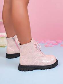 1 Pair Children's Fashion Casual Non-Slip Boots, Solid Color Shiny Lace-Up Design, Side Zipper Girls' Boots Suitable For Travel And Vacation (Random Sole)