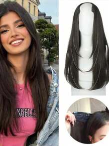 22 Inch/55cm Invisible V-Shaped Long Straight Wig For Women, With Long Curly Hair Extension Piece, Built-In Clips For Natural Looking Hair Integration - Black-brown - View 11