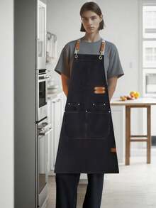 Durable Canvas Apron With Faux Leather Straps - Waterproof, Adjustable Bib For Coffee Shops, Milk Tea Shops & Hairdressers - Women's Workwear - Multicolor - View 3