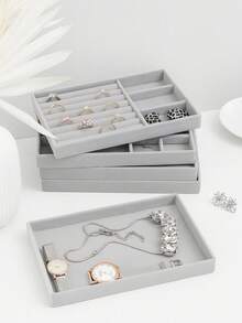 Kit 3 Bandejas de Joia Porta Joia Veludo Organizador Caixa de Joias com Gavetas Compartimentos Multiuso Ideal Para Penteadeira Gaveta Cômoda Armazenamento Acessórios Relógio Pulseira Brinco Anel - Cinza - Visão 3