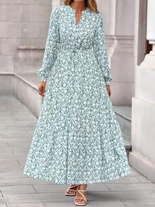 Women Fall Boho Maxi Dress Floral Long Sleeve V Neck Button Pockets Flowy Long Dress Autumn Winter Holiday Vacation Wedding Dresses Outfits - 白綠花 - 查看 6