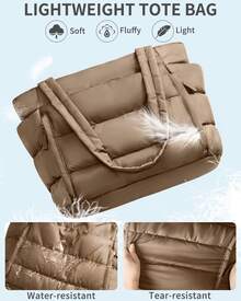 Puffer Tote Bag For Women, Lightweight Puffy Work Handbag Teacher Nurse Quilted Shoulder Bag For School Travel Gym - 深卡其色 - 查看 5