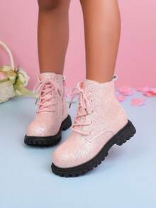 1 Pair Children's Fashion Casual Non-Slip Boots, Solid Color Shiny Lace-Up Design, Side Zipper Girls' Boots Suitable For Travel And Vacation (Random Sole)